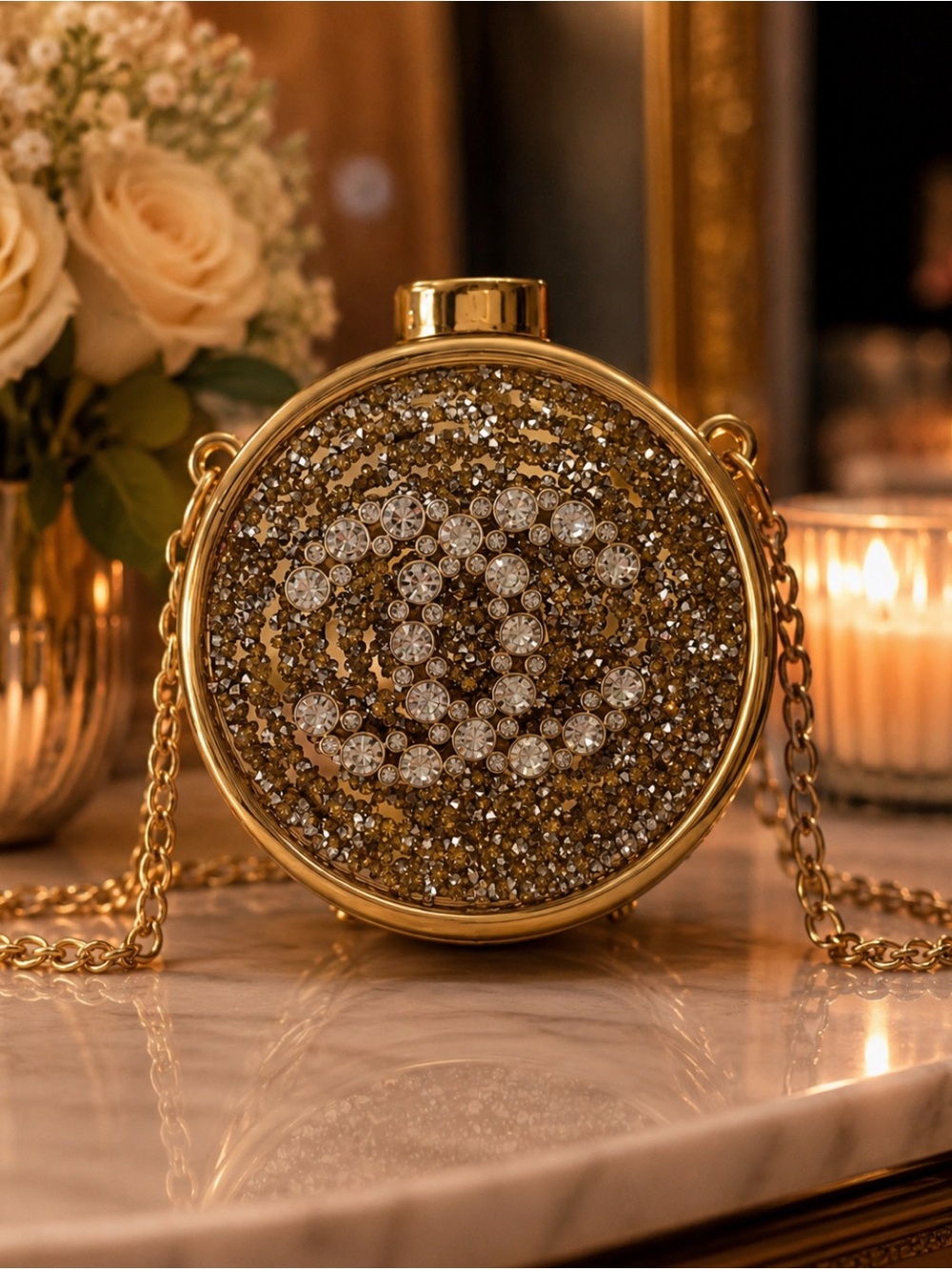 Gold Crystal Embellished Round Crossbody Clutch
